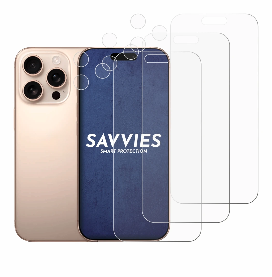 Imagen del dispositivo Apple iPhone 16 Pro Max (Frontal+Cámara) con una amplia variedad de protectores de pantalla.