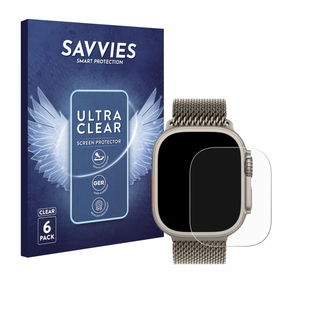 Parte frontal de un envase de producto con el logotipo de la marca Savvies. Al lado se muestra el dispositivo Apple Watch Ultr