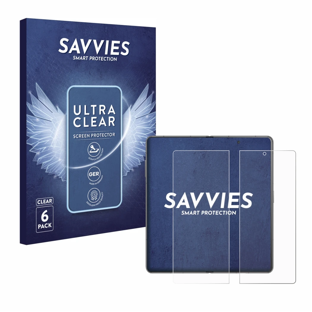 Parte frontal de un envase de producto con el logotipo de la marca Savvies. Al lado se muestra el dispositivo Honor Magic V3 (