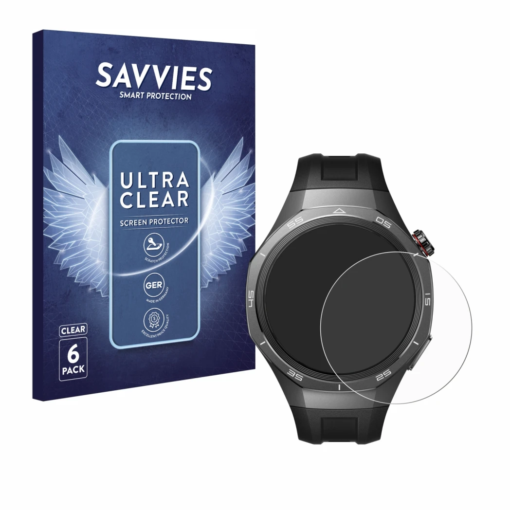 Parte frontal de un envase de producto con el logotipo de la marca Savvies. Al lado se muestra el dispositivo Huawei Watch GT 