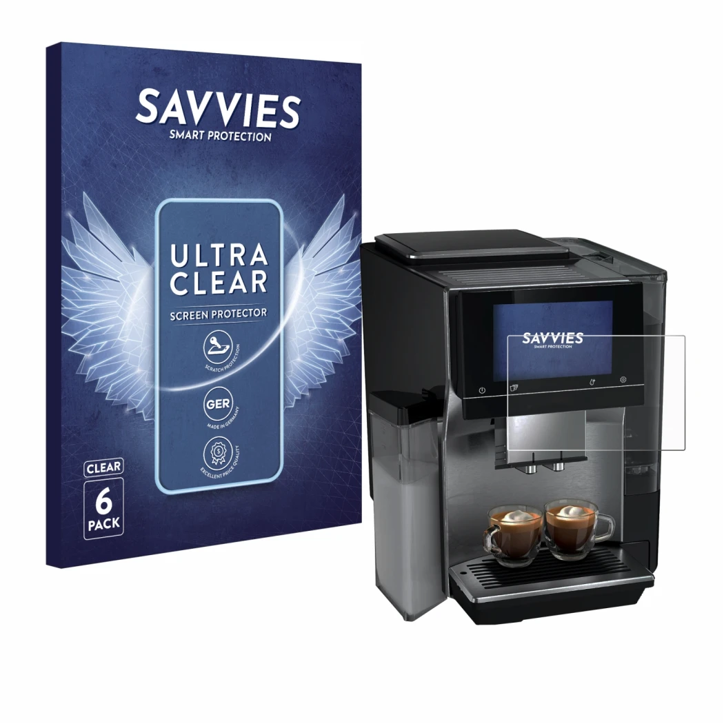 Parte frontal de un envase de producto con el logotipo de la marca Savvies. Al lado se muestra el dispositivo Siemens EQ700 co