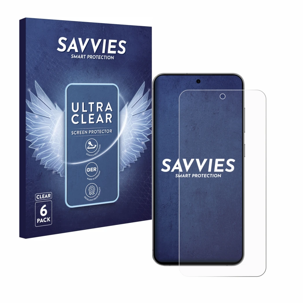 Parte frontal de un envase de producto con el logotipo de la marca Savvies. Al lado se muestra el dispositivo Samsung Galaxy S