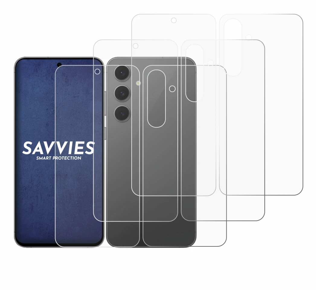 Imagen del dispositivo Samsung Galaxy S24 FE (Frontal+Trasero) con una amplia variedad de protectores de pantalla.