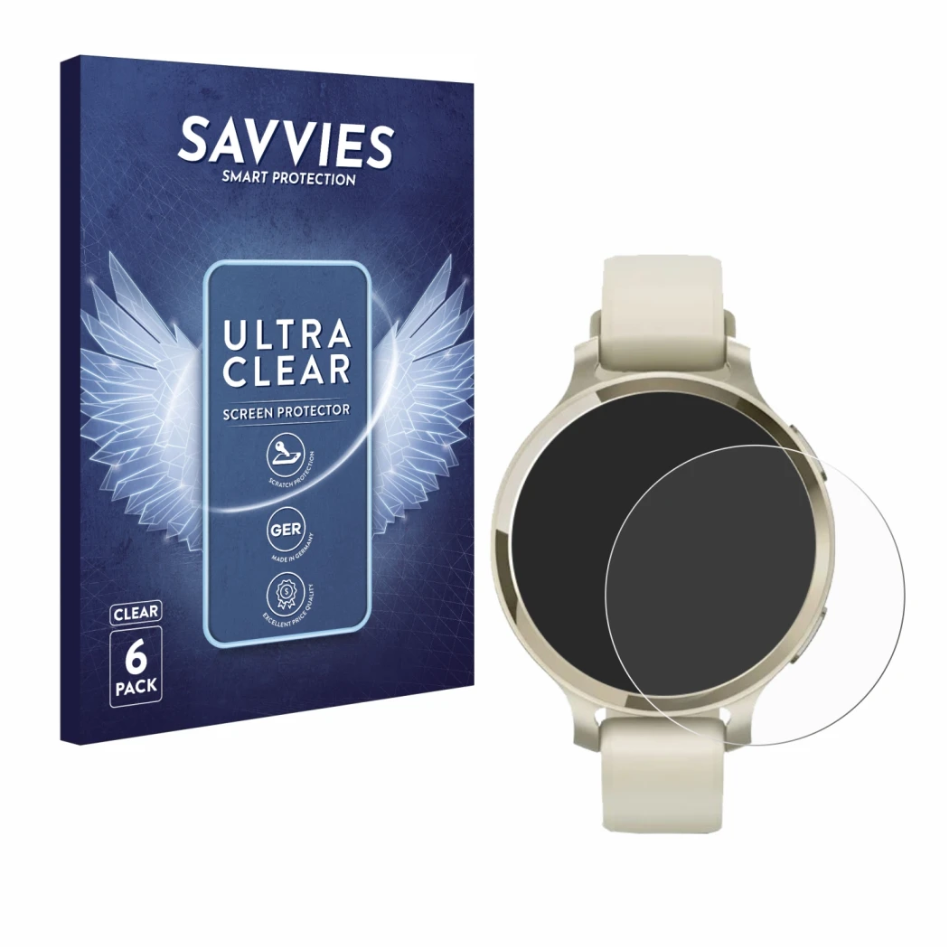 Parte frontal de un envase de producto con el logotipo de la marca Savvies. Al lado se muestra el dispositivo Garmin Lily 2 Ac