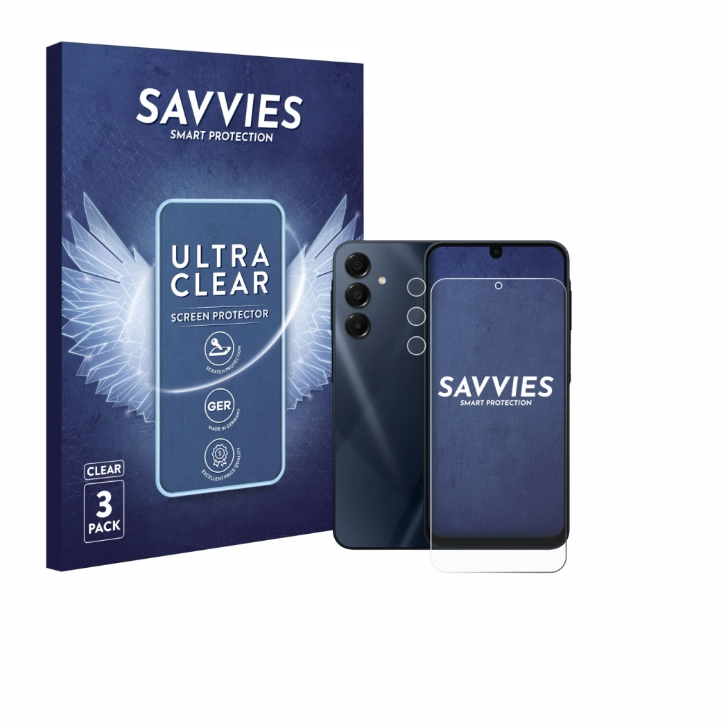 Parte frontal de un envase de producto con el logotipo de la marca Savvies. Al lado se muestra el dispositivo Samsung Galaxy A
