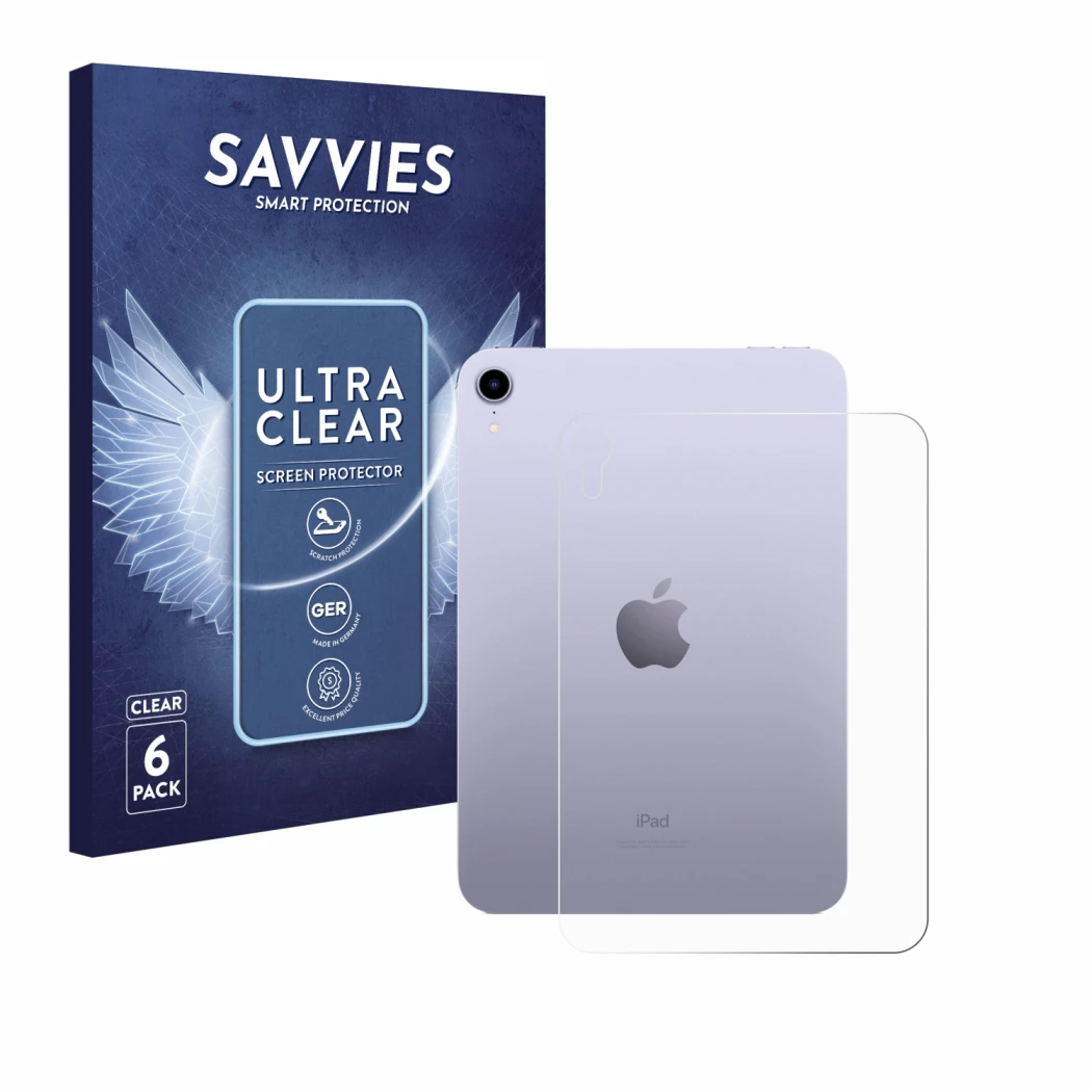 Parte frontal de un envase de producto con el logotipo de la marca Savvies. Al lado se muestra el dispositivo Apple iPad Mini 