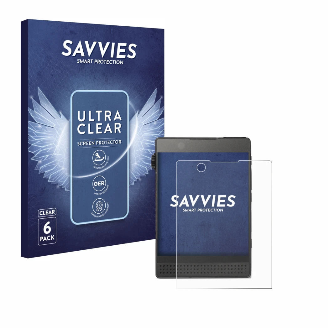 Parte frontal de un envase de producto con el logotipo de la marca Savvies. Al lado se muestra el dispositivo Light Phone 3 co