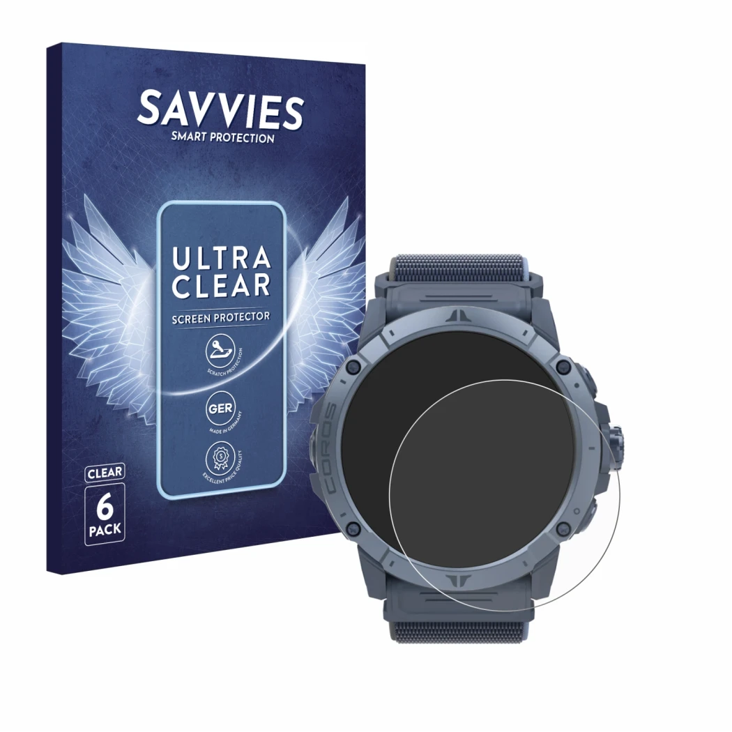 Parte frontal de un envase de producto con el logotipo de la marca Savvies. Al lado se muestra el dispositivo Coros Vertix 2S 