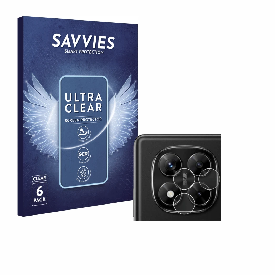 Parte frontal de un envase de producto con el logotipo de la marca Savvies. Al lado se muestra el dispositivo Xiaomi Redmi Not