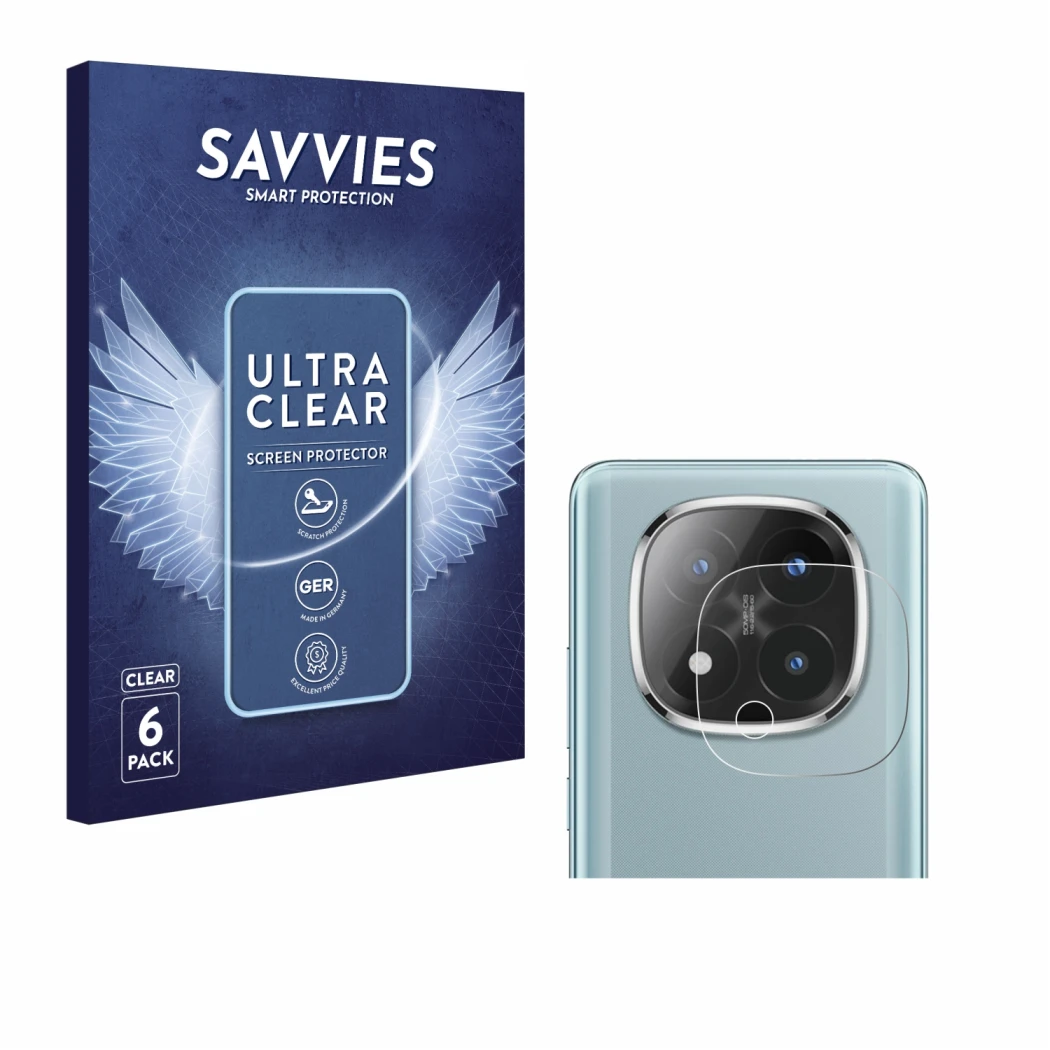 Parte frontal de un envase de producto con el logotipo de la marca Savvies. Al lado se muestra el dispositivo Xiaomi Redmi Not