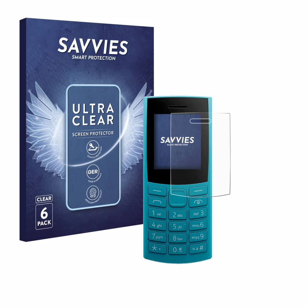 Parte frontal de un envase de producto con el logotipo de la marca Savvies. Al lado se muestra el dispositivo Nokia 105 4G 2nd