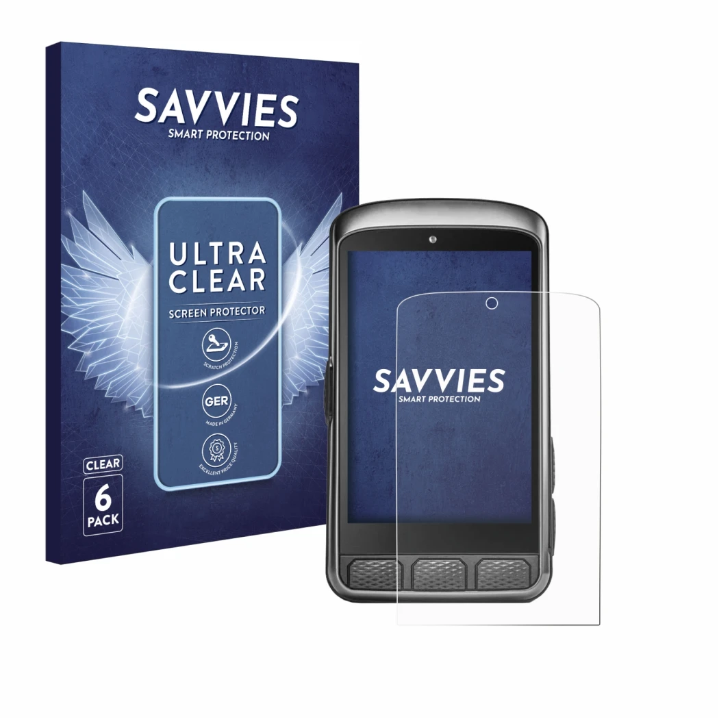 Parte frontal de un envase de producto con el logotipo de la marca Savvies. Al lado se muestra el dispositivo Wahoo Elemnt ACE