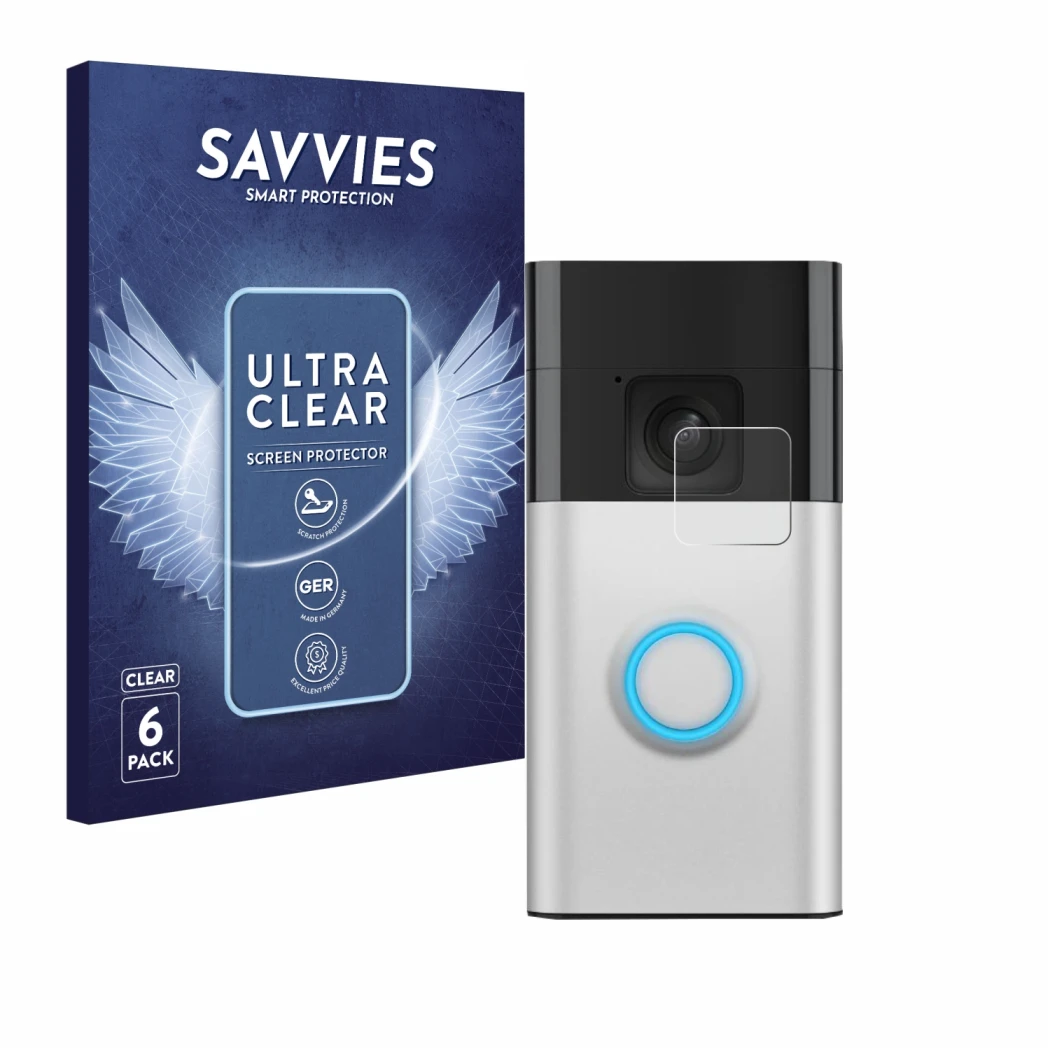Parte frontal de un envase de producto con el logotipo de la marca Savvies. Al lado se muestra el dispositivo Ring Battery Vid