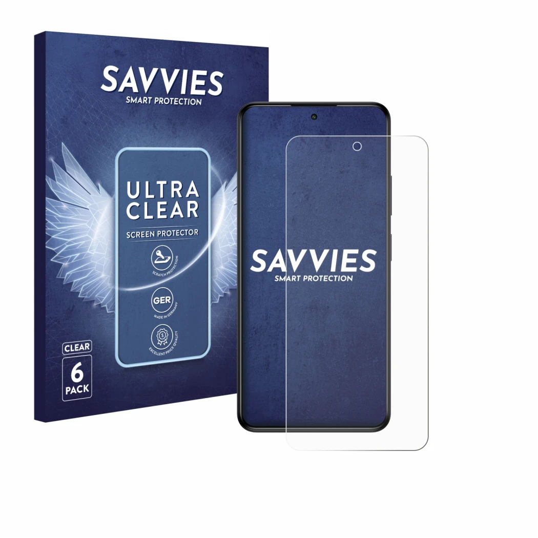 Parte frontal de un envase de producto con el logotipo de la marca Savvies. Al lado se muestra el dispositivo myPhone N23 Plus