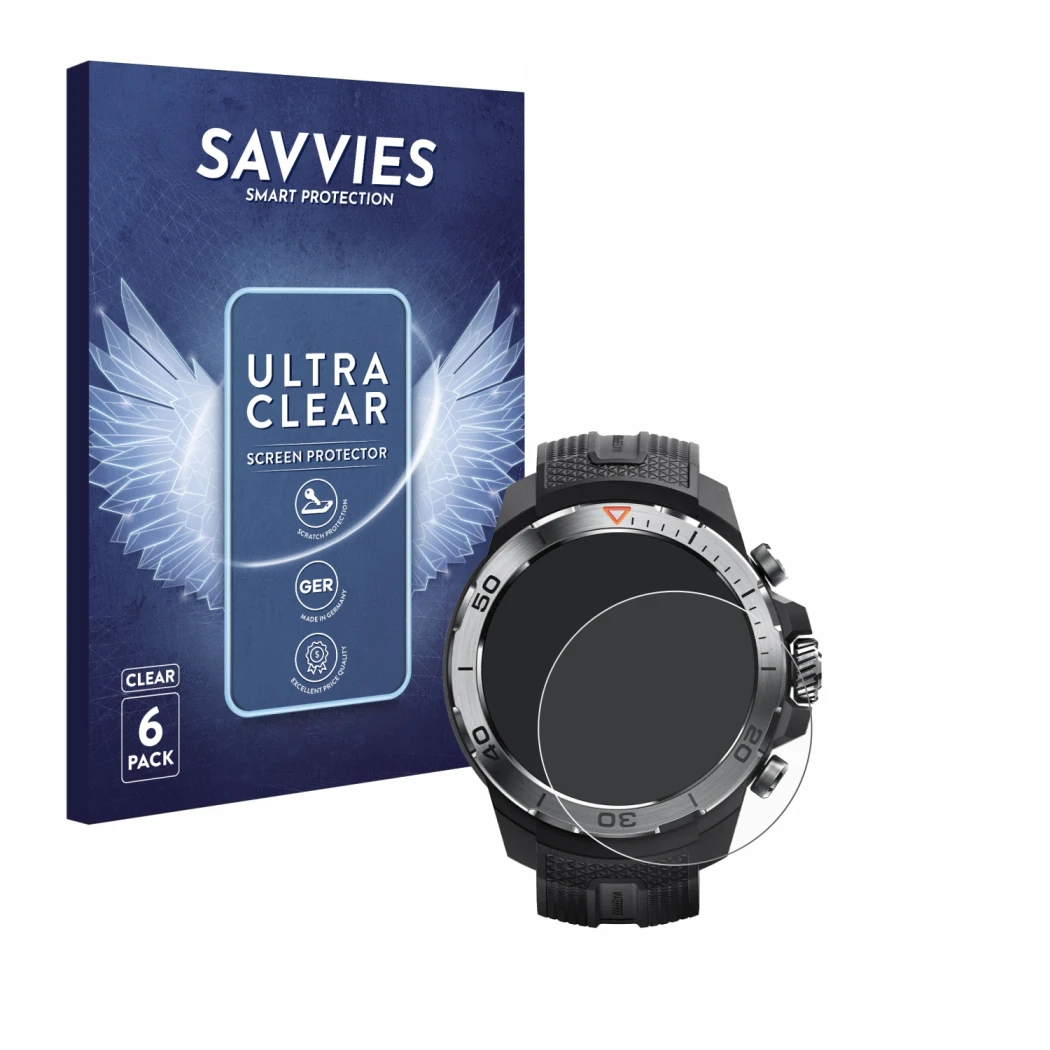 Parte frontal de un envase de producto con el logotipo de la marca Savvies. Al lado se muestra el dispositivo Xiaomi Mibro GS 