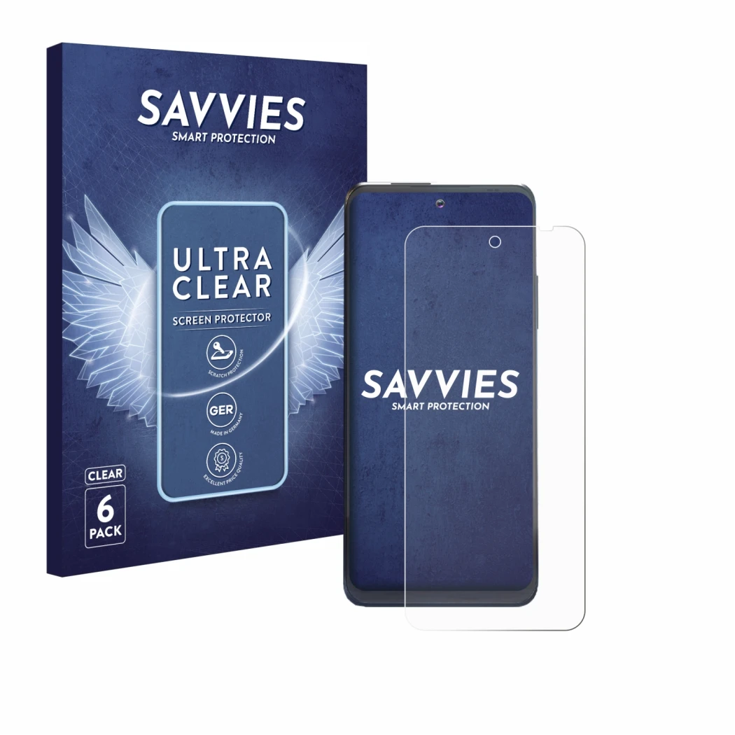 Parte frontal de un envase de producto con el logotipo de la marca Savvies. Al lado se muestra el dispositivo Thuraya One con 