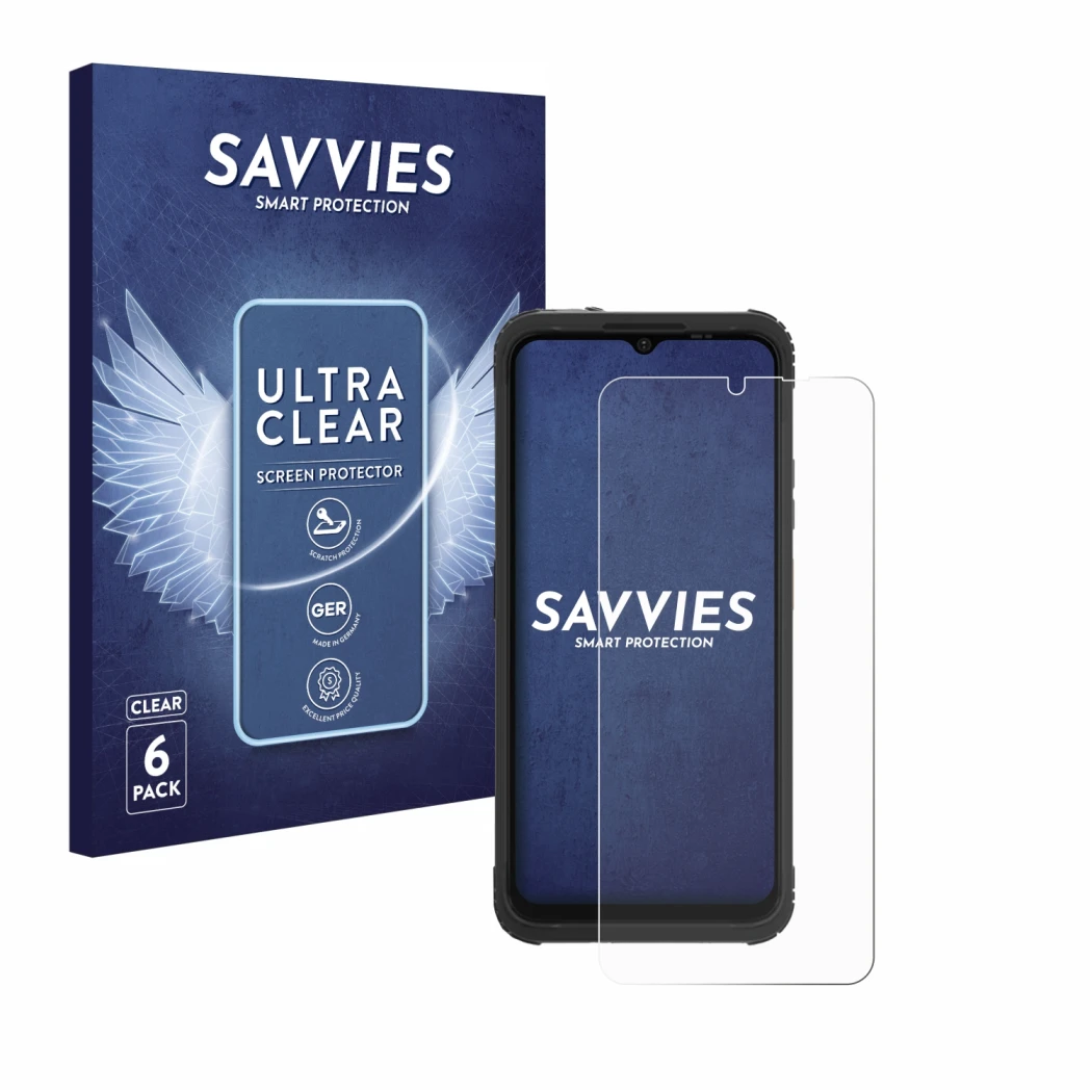 Parte frontal de un envase de producto con el logotipo de la marca Savvies. Al lado se muestra el dispositivo AGM H Max con su