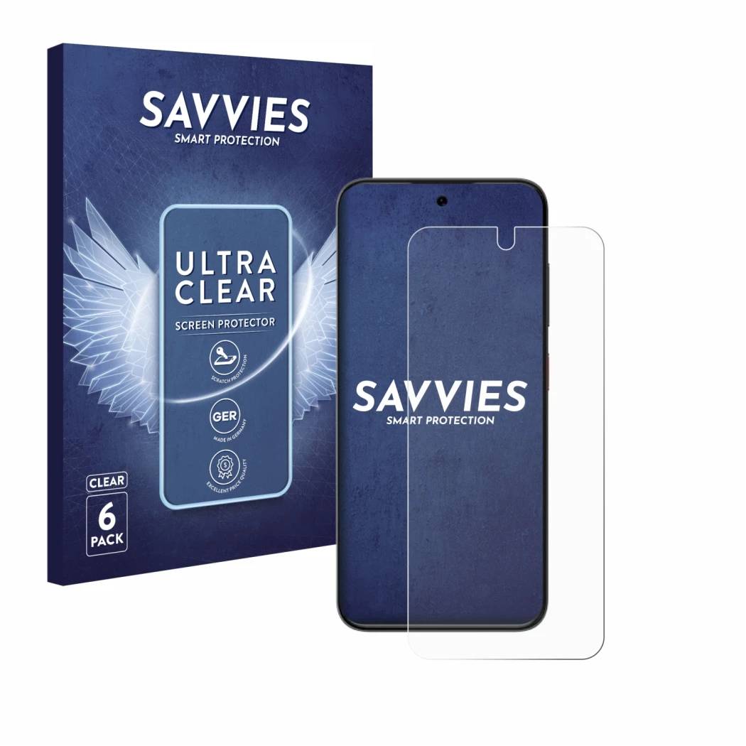 Parte frontal de un envase de producto con el logotipo de la marca Savvies. Al lado se muestra el dispositivo ZTE Blade V70 Vi