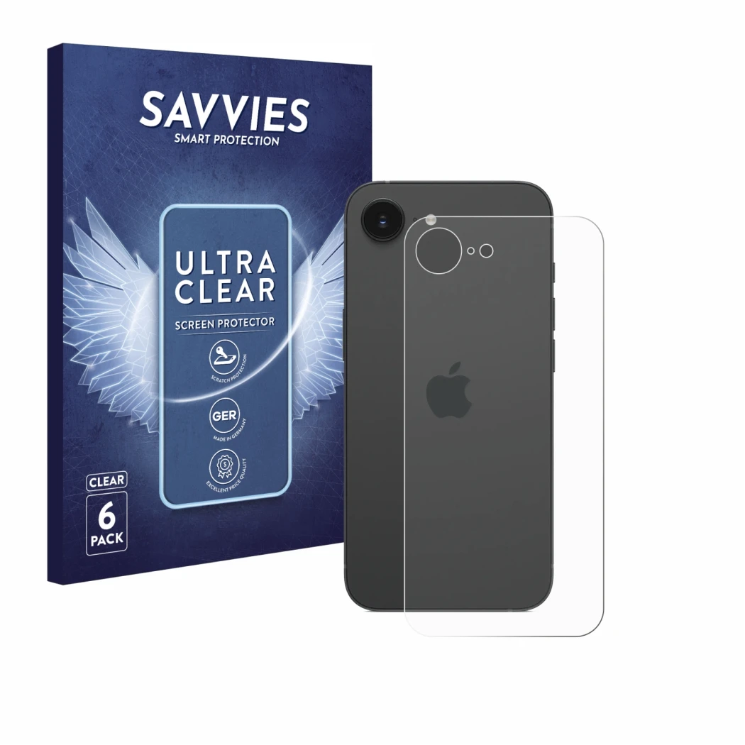 Parte frontal de un envase de producto con el logotipo de la marca Savvies. Al lado se muestra el dispositivo Apple iPhone 16e