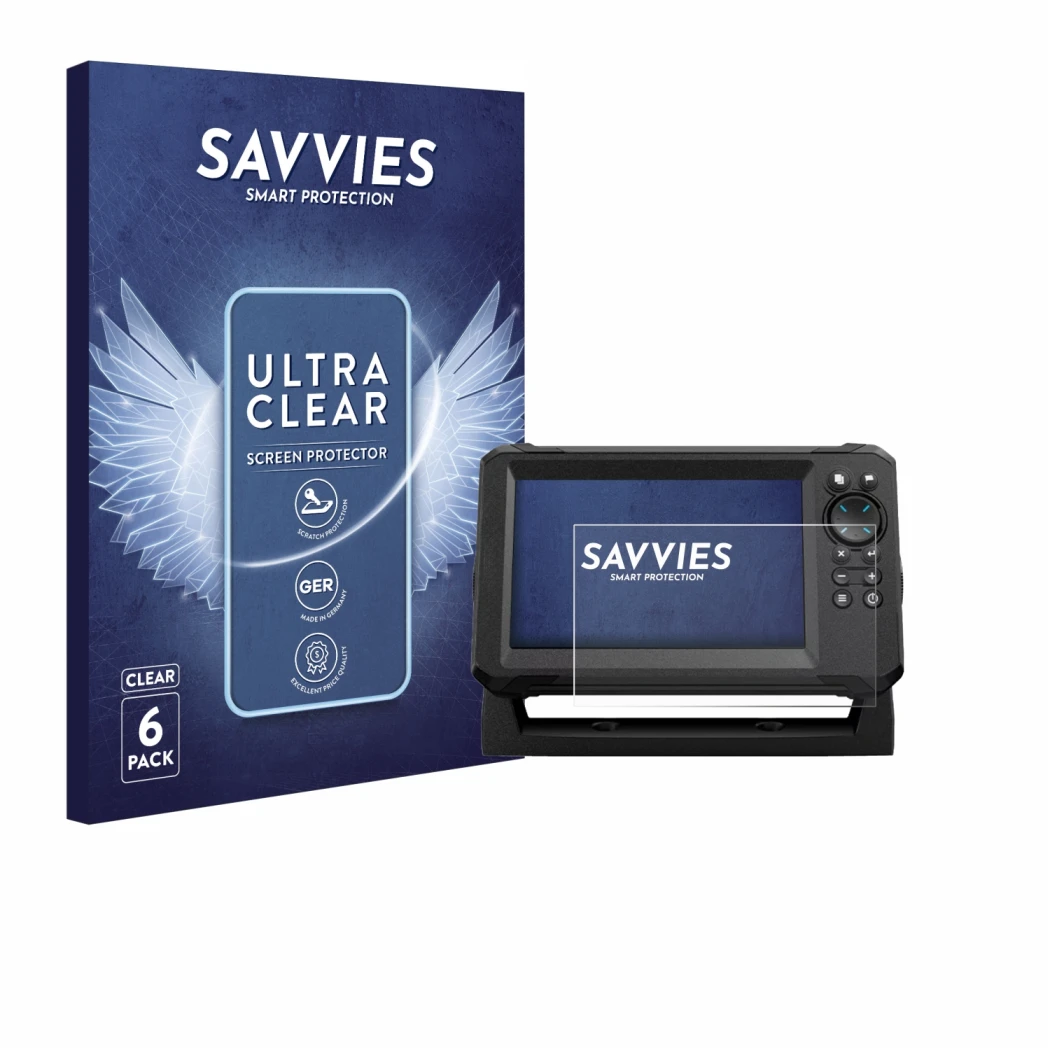 Parte frontal de un envase de producto con el logotipo de la marca Savvies. Al lado se muestra el dispositivo Lowrance Eagle 7