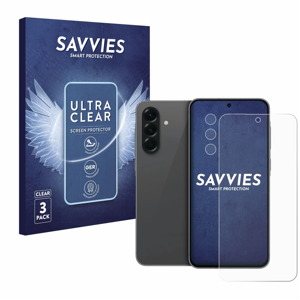 Parte frontal de un envase de producto con el logotipo de la marca Savvies. Al lado se muestra el dispositivo Samsung Galaxy A