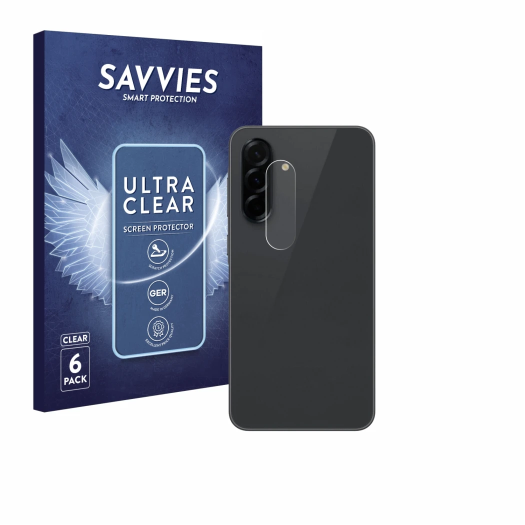 Parte frontal de un envase de producto con el logotipo de la marca Savvies. Al lado se muestra el dispositivo Samsung Galaxy A