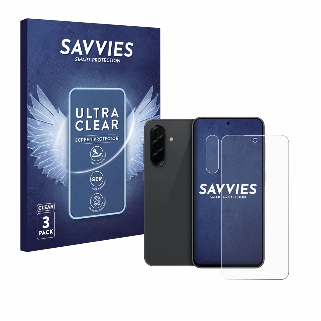 Parte frontal de un envase de producto con el logotipo de la marca Savvies. Al lado se muestra el dispositivo Samsung Galaxy A