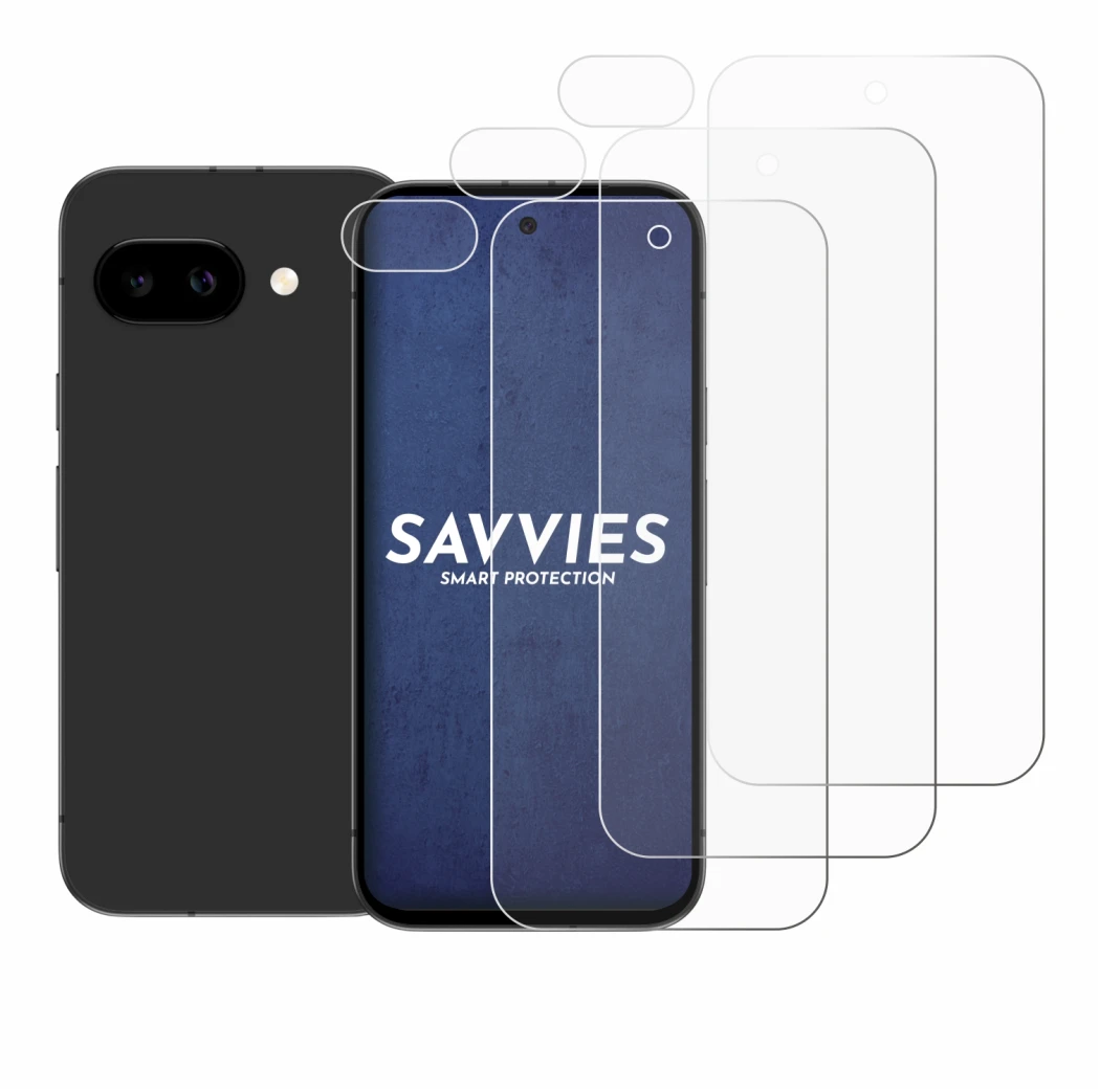 Imagen del dispositivo Google Pixel 9a (Frontal+Cámara) con una amplia variedad de protectores de pantalla.