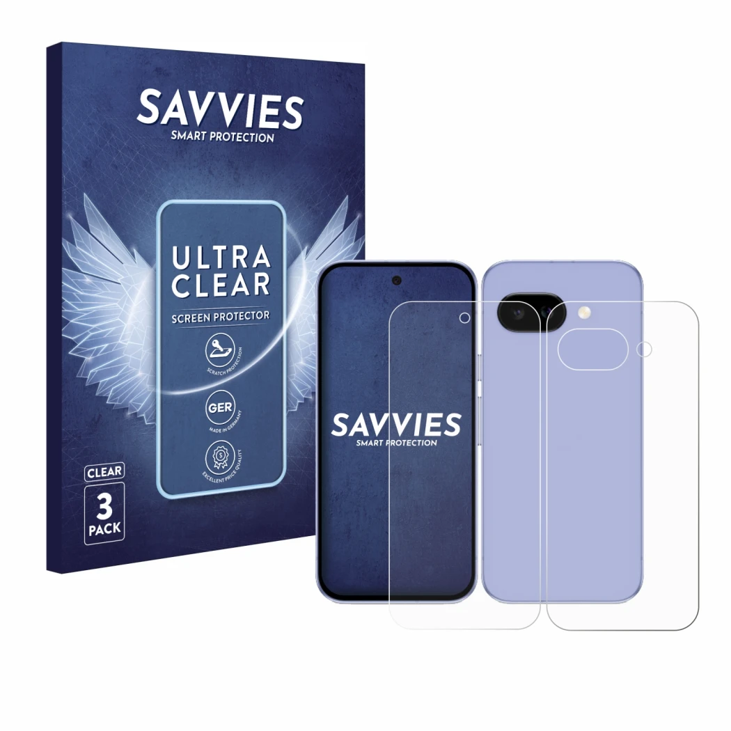 Parte frontal de un envase de producto con el logotipo de la marca Savvies. Al lado se muestra el dispositivo Google Pixel 9a 