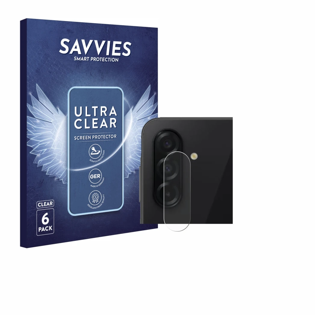 Parte frontal de un envase de producto con el logotipo de la marca Savvies. Al lado se muestra el dispositivo Samsung Galaxy A