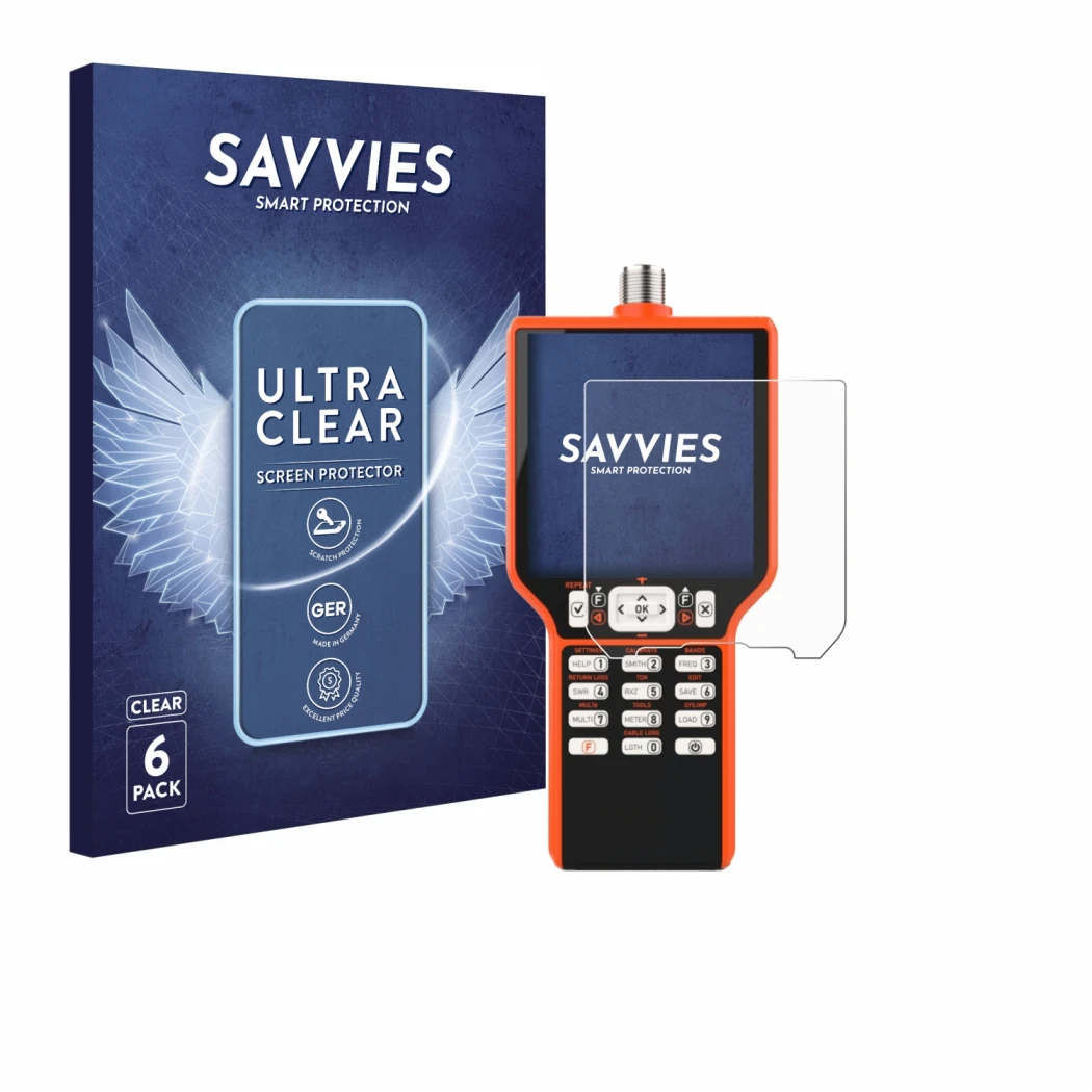 Parte frontal de un envase de producto con el logotipo de la marca Savvies. Al lado se muestra el dispositivo RigExpert MATCH 
