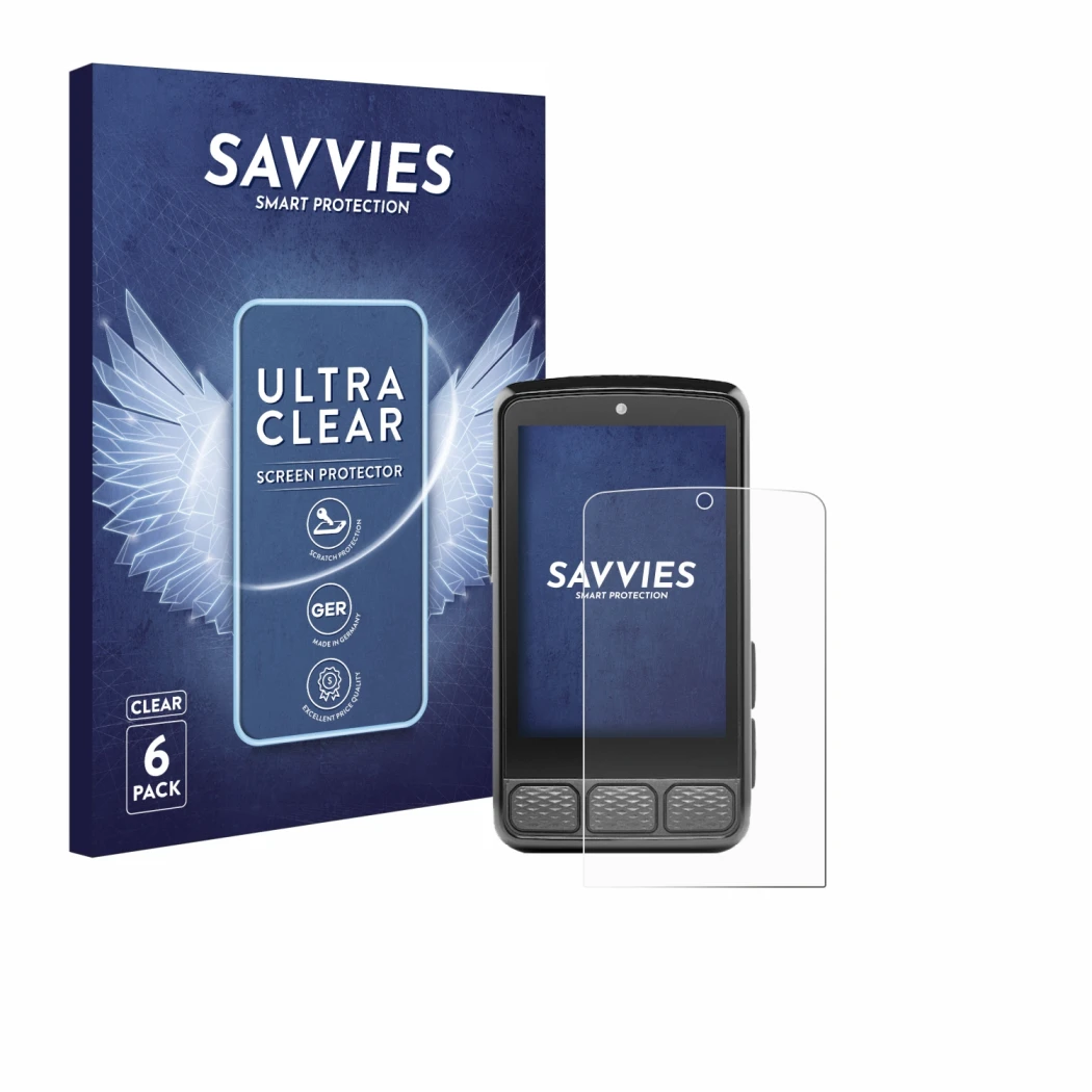 Parte frontal de un envase de producto con el logotipo de la marca Savvies. Al lado se muestra el dispositivo Wahoo Elemnt Roa