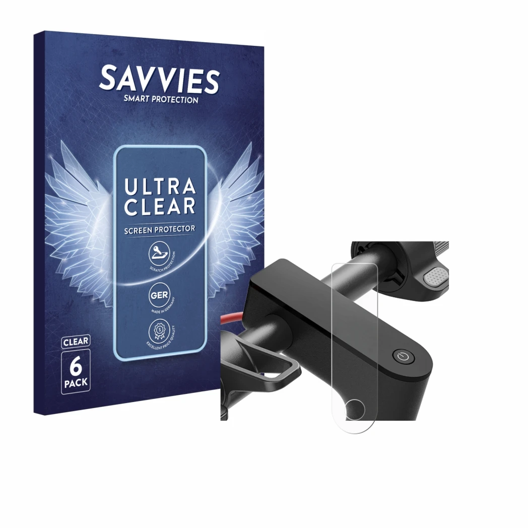 Parte frontal de un envase de producto con el logotipo de la marca Savvies. Al lado se muestra el dispositivo Xiaomi Electric 