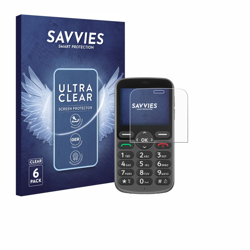 Parte frontal de un envase de producto con el logotipo de la marca Savvies. Al lado se muestra el dispositivo Doro 1380 con su