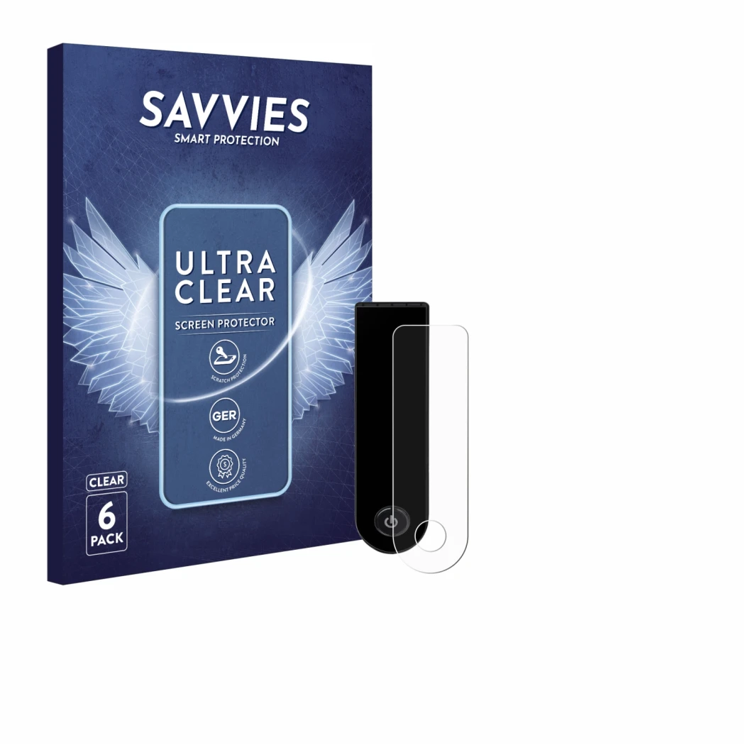 Parte frontal de un envase de producto con el logotipo de la marca Savvies. Al lado se muestra el dispositivo Xiaomi Electric 