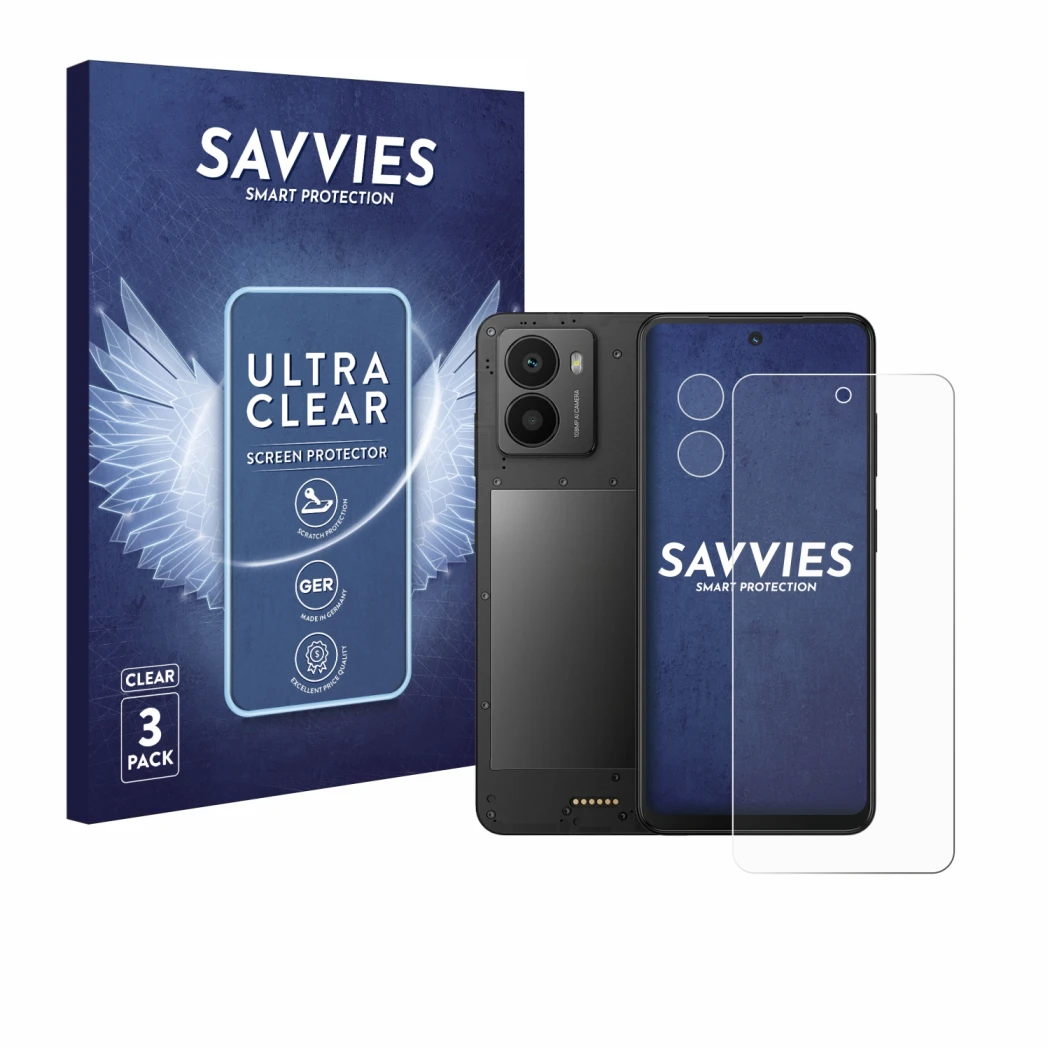 Parte frontal de un envase de producto con el logotipo de la marca Savvies. Al lado se muestra el dispositivo Xplora HMD Fusio