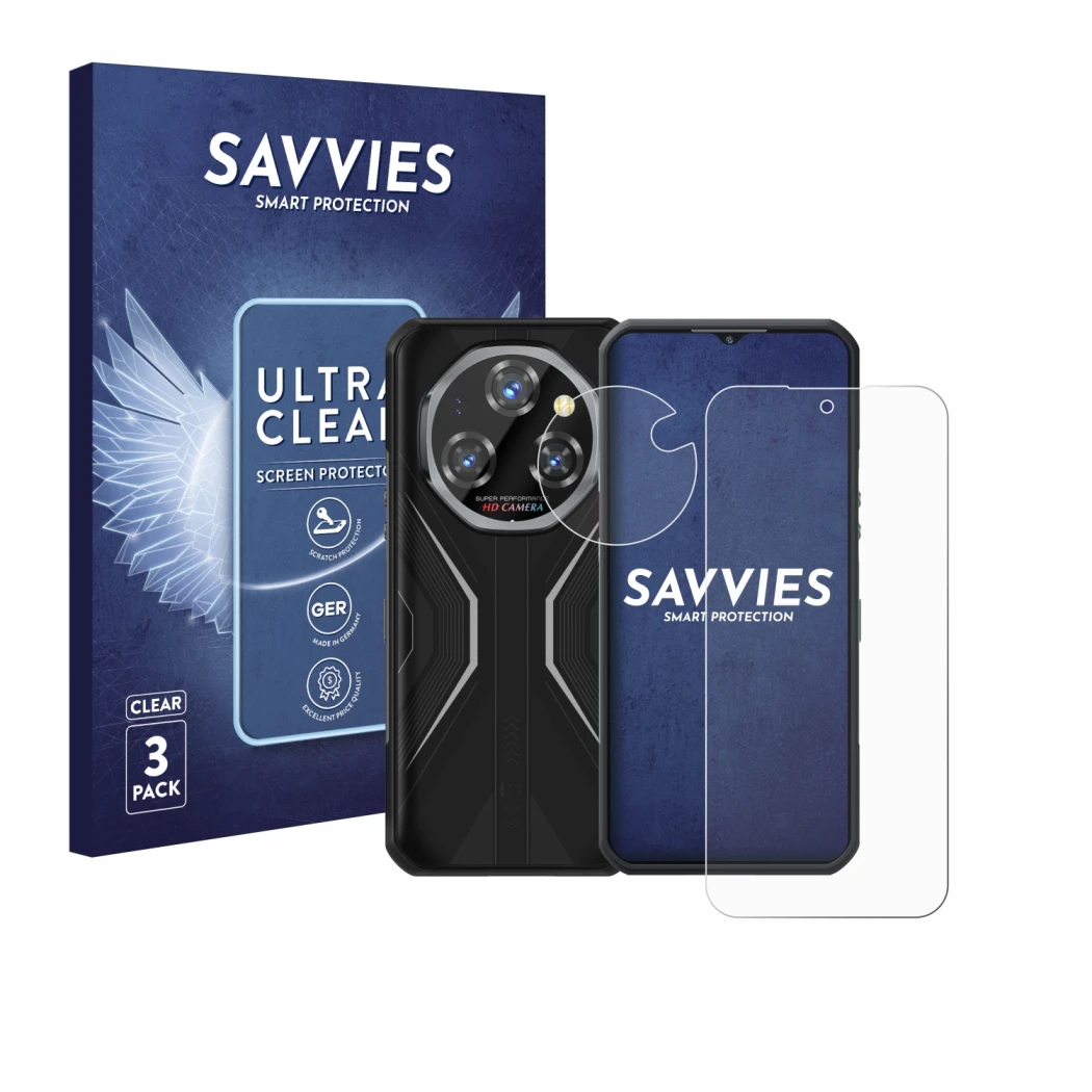 Parte frontal de un envase de producto con el logotipo de la marca Savvies. Al lado se muestra el dispositivo Oukitel WP55 Pro