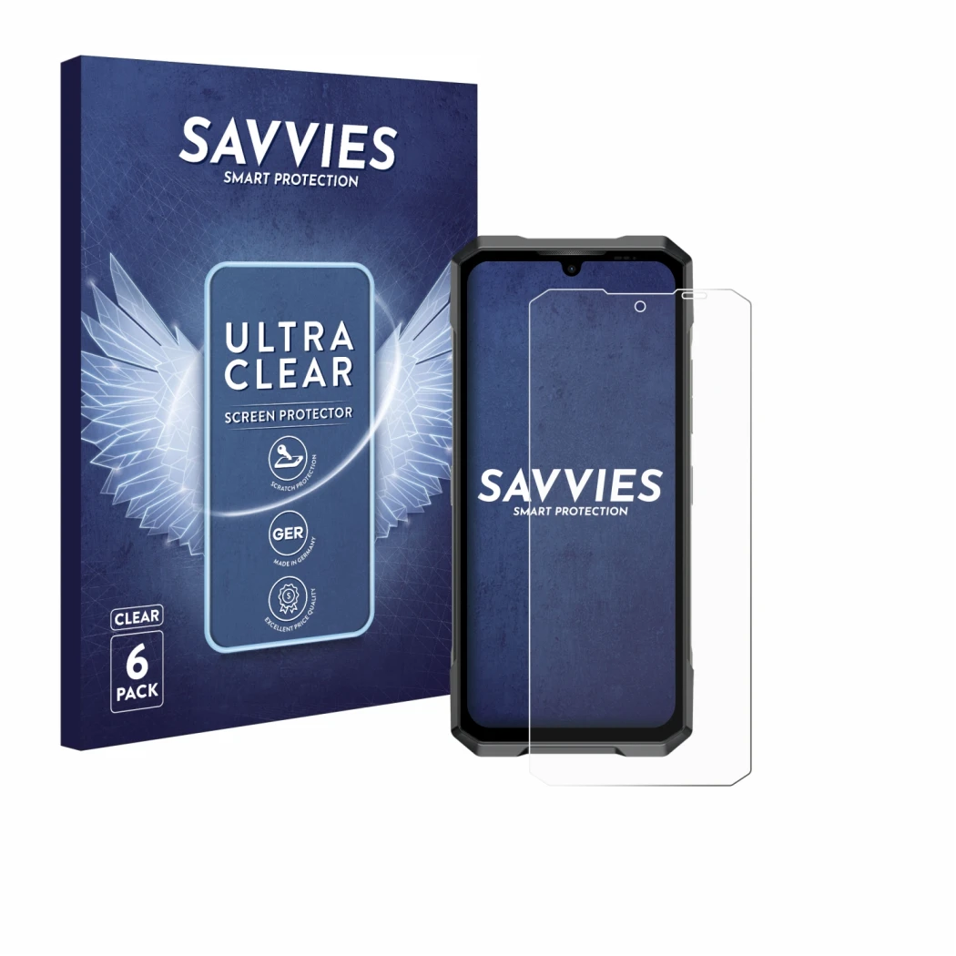 Parte frontal de un envase de producto con el logotipo de la marca Savvies. Al lado se muestra el dispositivo Doogee Blade GT 