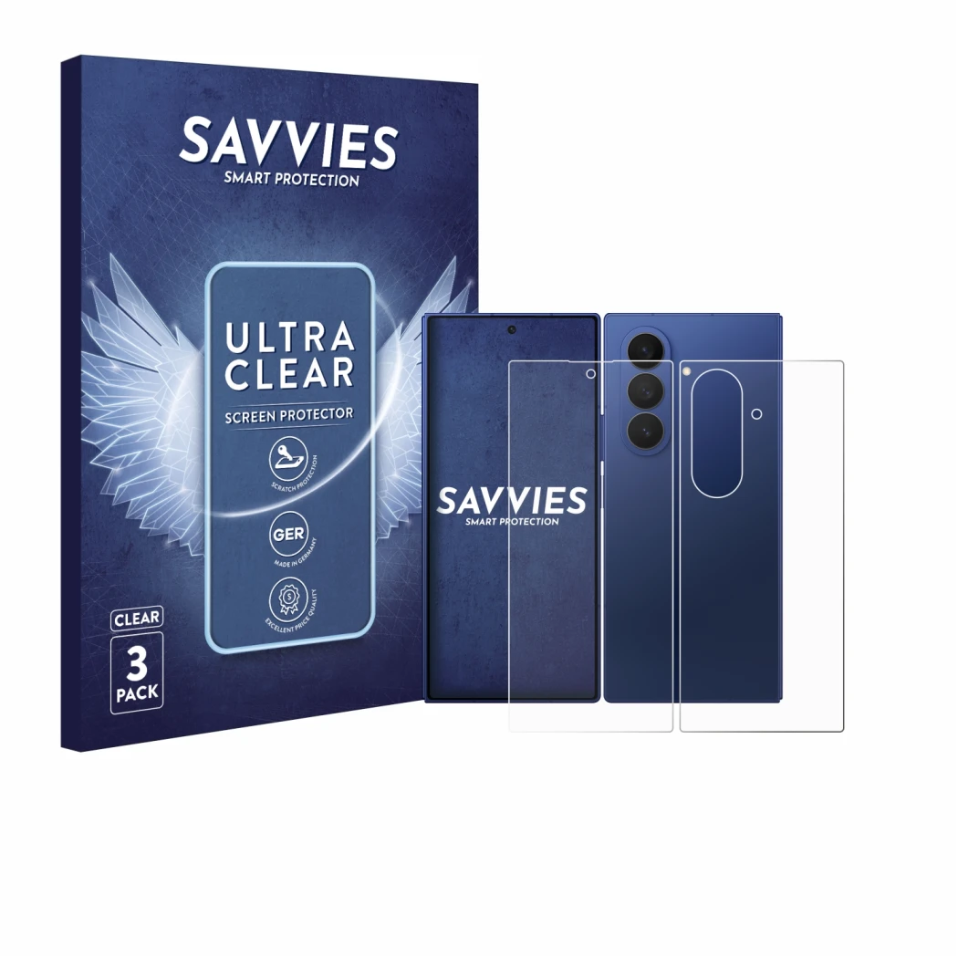 Parte frontal de un envase de producto con el logotipo de la marca Savvies. Al lado se muestra el dispositivo Samsung Galaxy Z
