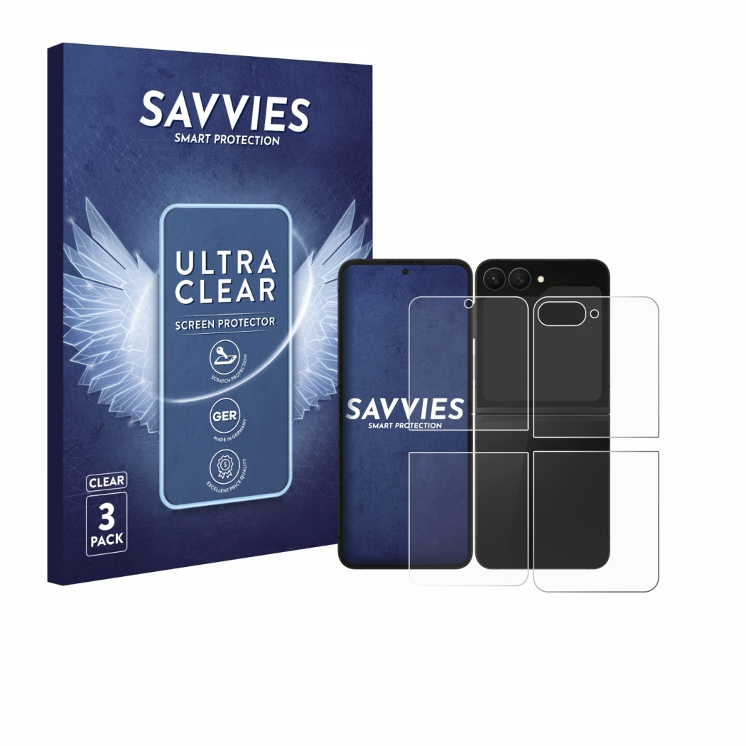 Parte frontal de un envase de producto con el logotipo de la marca Savvies. Al lado se muestra el dispositivo Samsung Galaxy Z