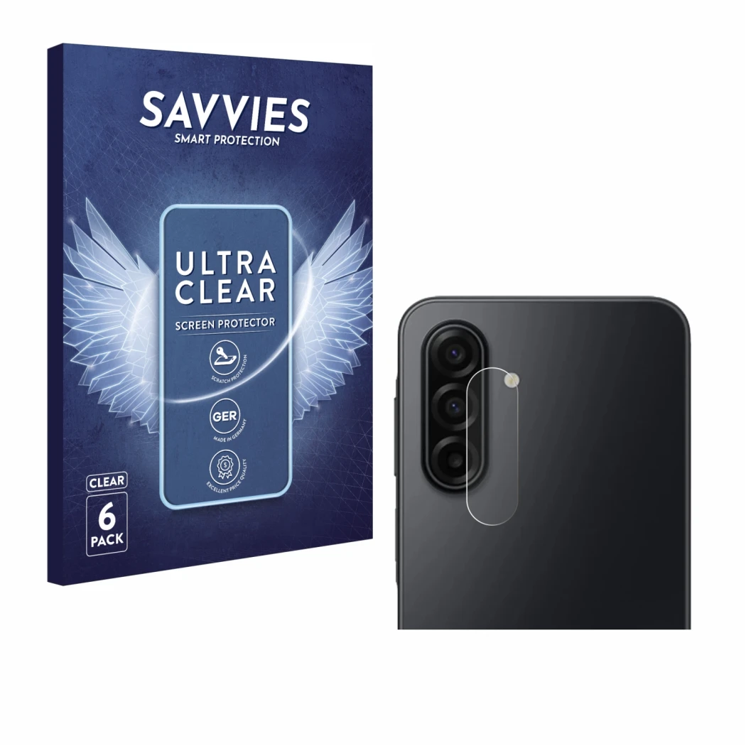 Parte frontal de un envase de producto con el logotipo de la marca Savvies. Al lado se muestra el dispositivo Samsung Galaxy A