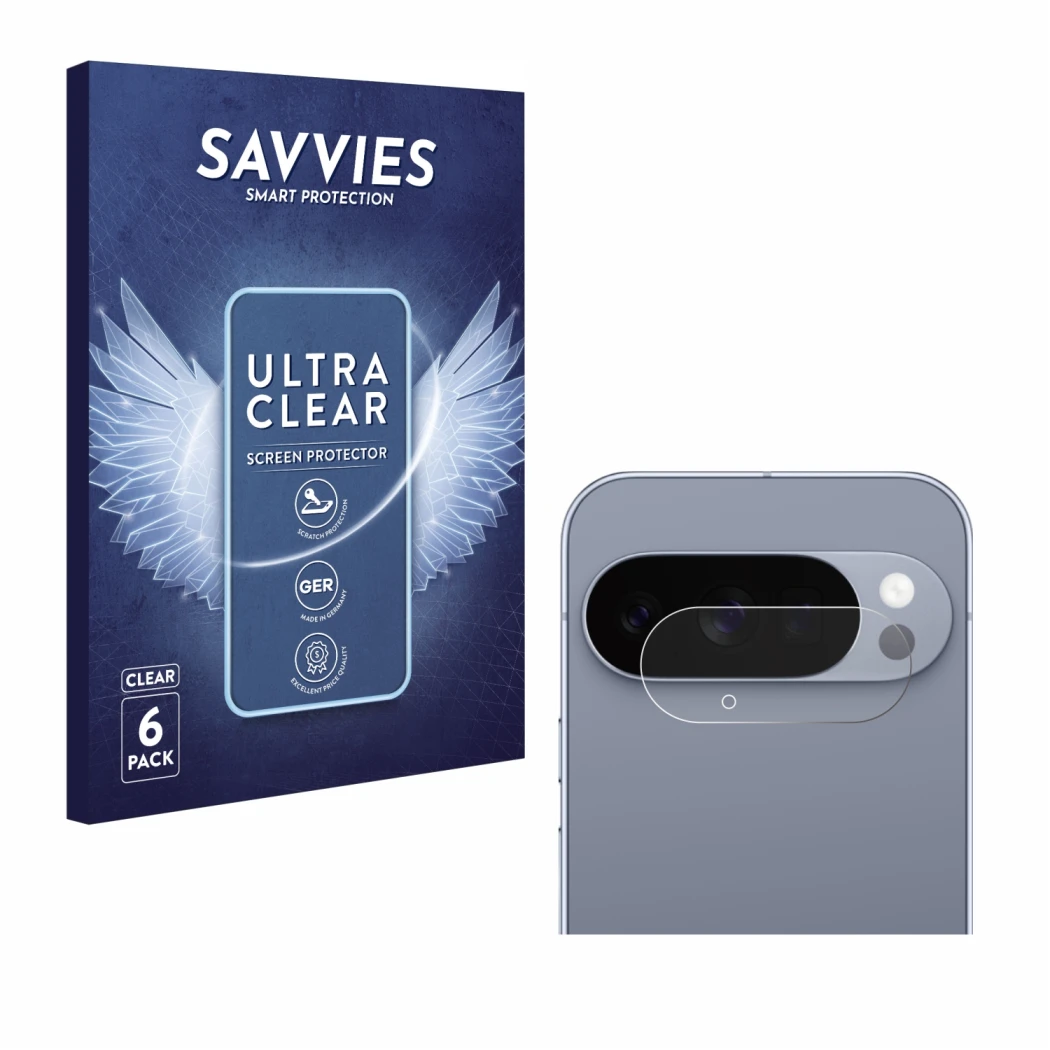 Parte frontal de un envase de producto con el logotipo de la marca Savvies. Al lado se muestra el dispositivo Google Pixel 10 