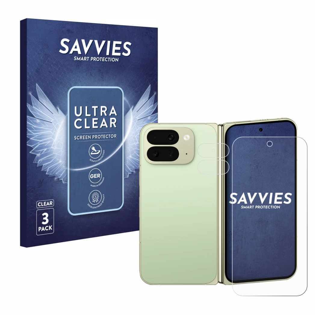 Parte frontal de un envase de producto con el logotipo de la marca Savvies. Al lado se muestra el dispositivo Google Pixel 10 