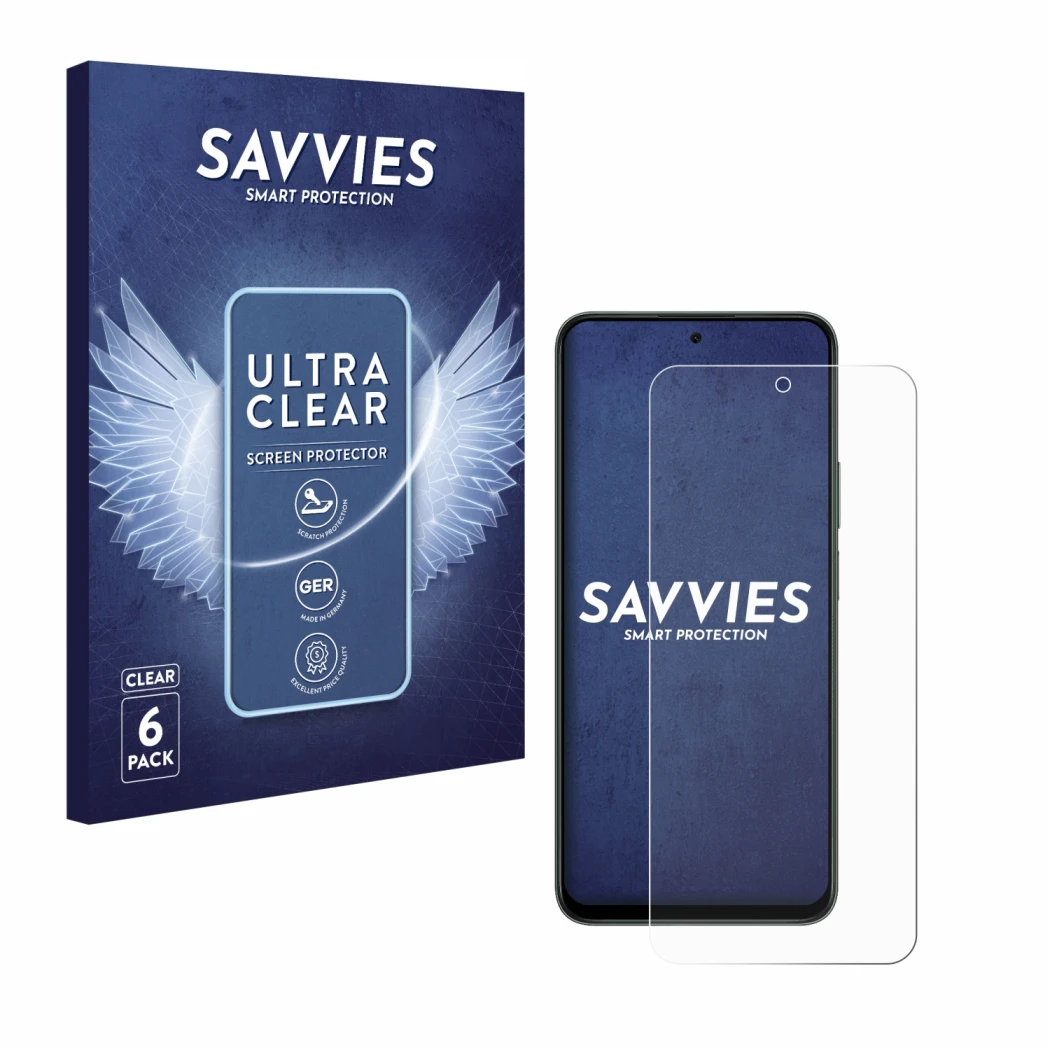 Parte frontal de un envase de producto con el logotipo de la marca Savvies. Al lado se muestra el dispositivo Honor X7d 4G con