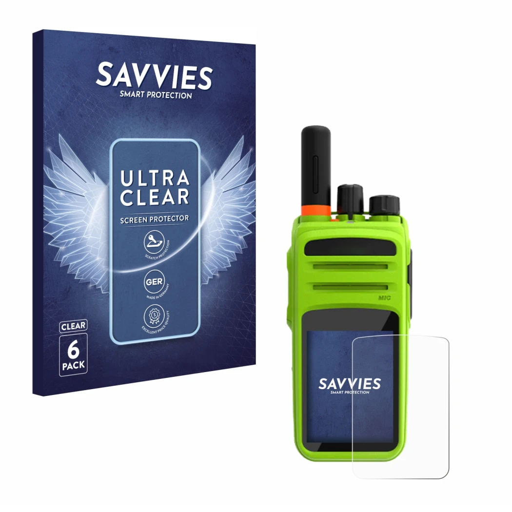 Parte frontal de un envase de producto con el logotipo de la marca Savvies. Al lado se muestra el dispositivo Talkpod N58 Plus