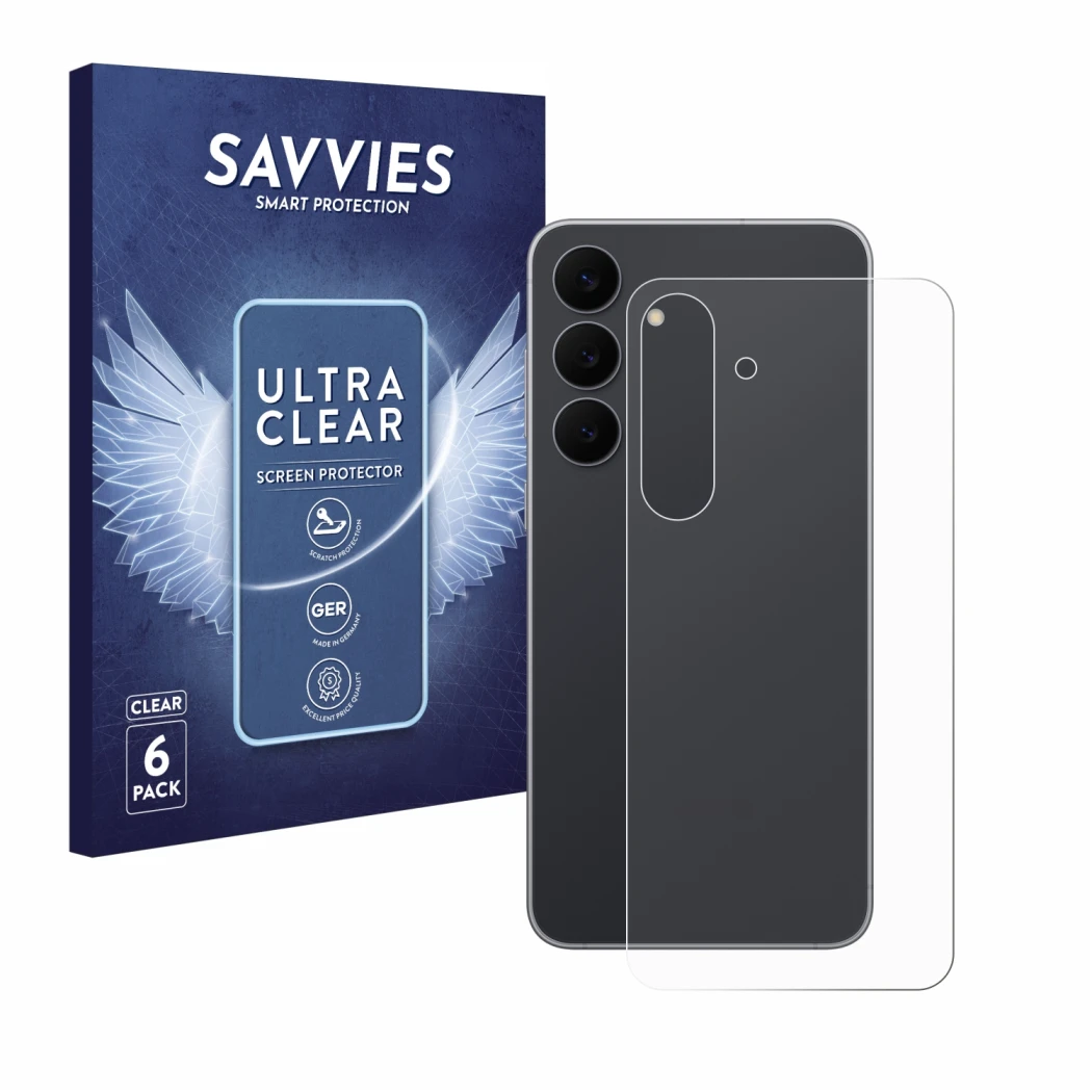 Parte frontal de un envase de producto con el logotipo de la marca Savvies. Al lado se muestra el dispositivo Samsung Galaxy S