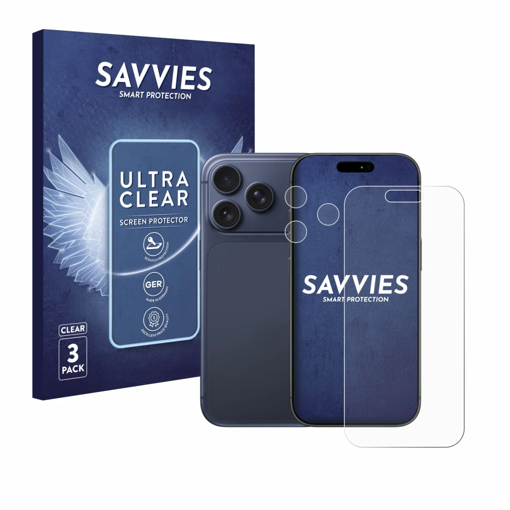 Parte frontal de un envase de producto con el logotipo de la marca Savvies. Al lado se muestra el dispositivo Apple iPhone 17 