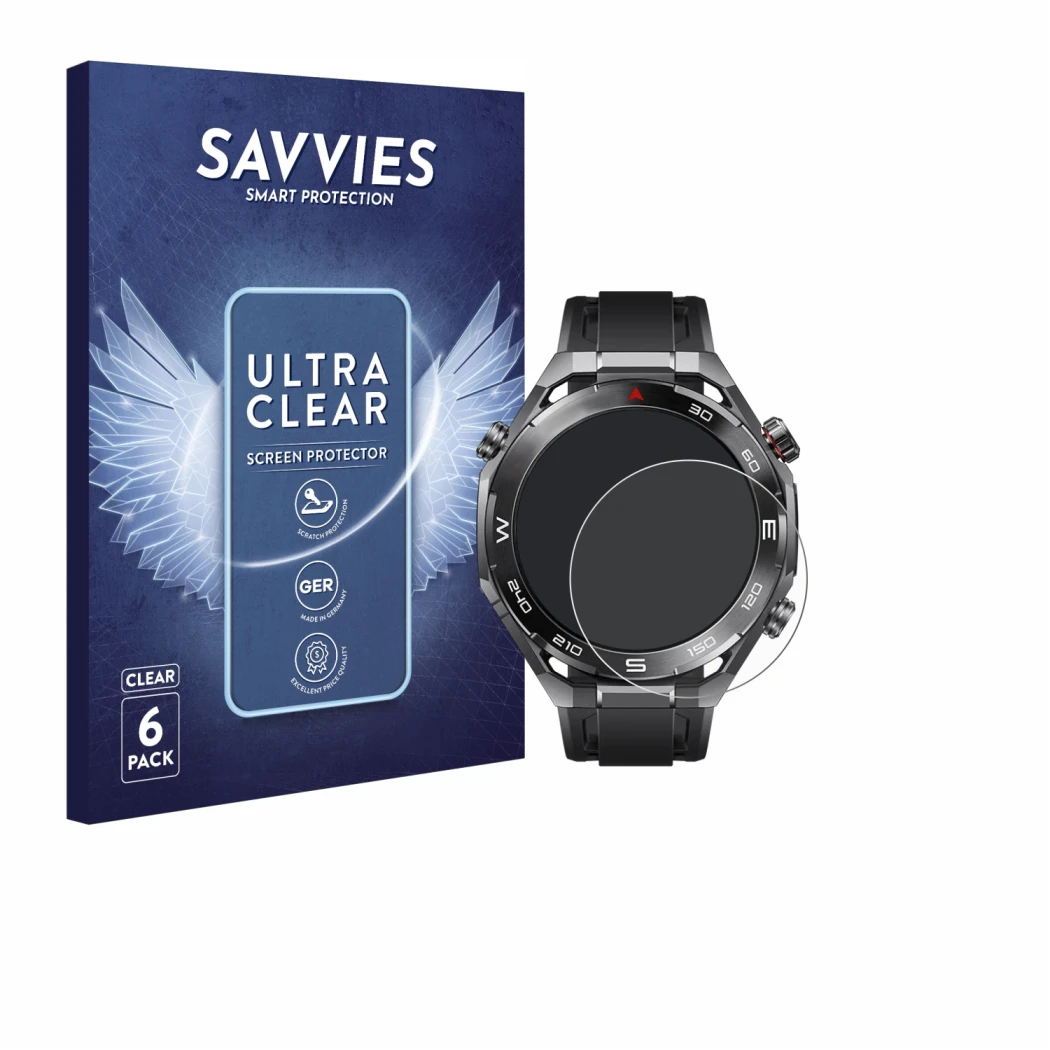Parte frontal de un envase de producto con el logotipo de la marca Savvies. Al lado se muestra el dispositivo Huawei Watch Ult