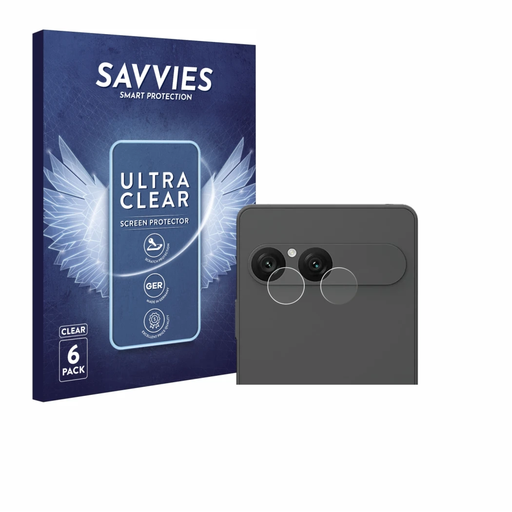 Parte frontal de un envase de producto con el logotipo de la marca Savvies. Al lado se muestra el dispositivo Sony Xperia 10 V