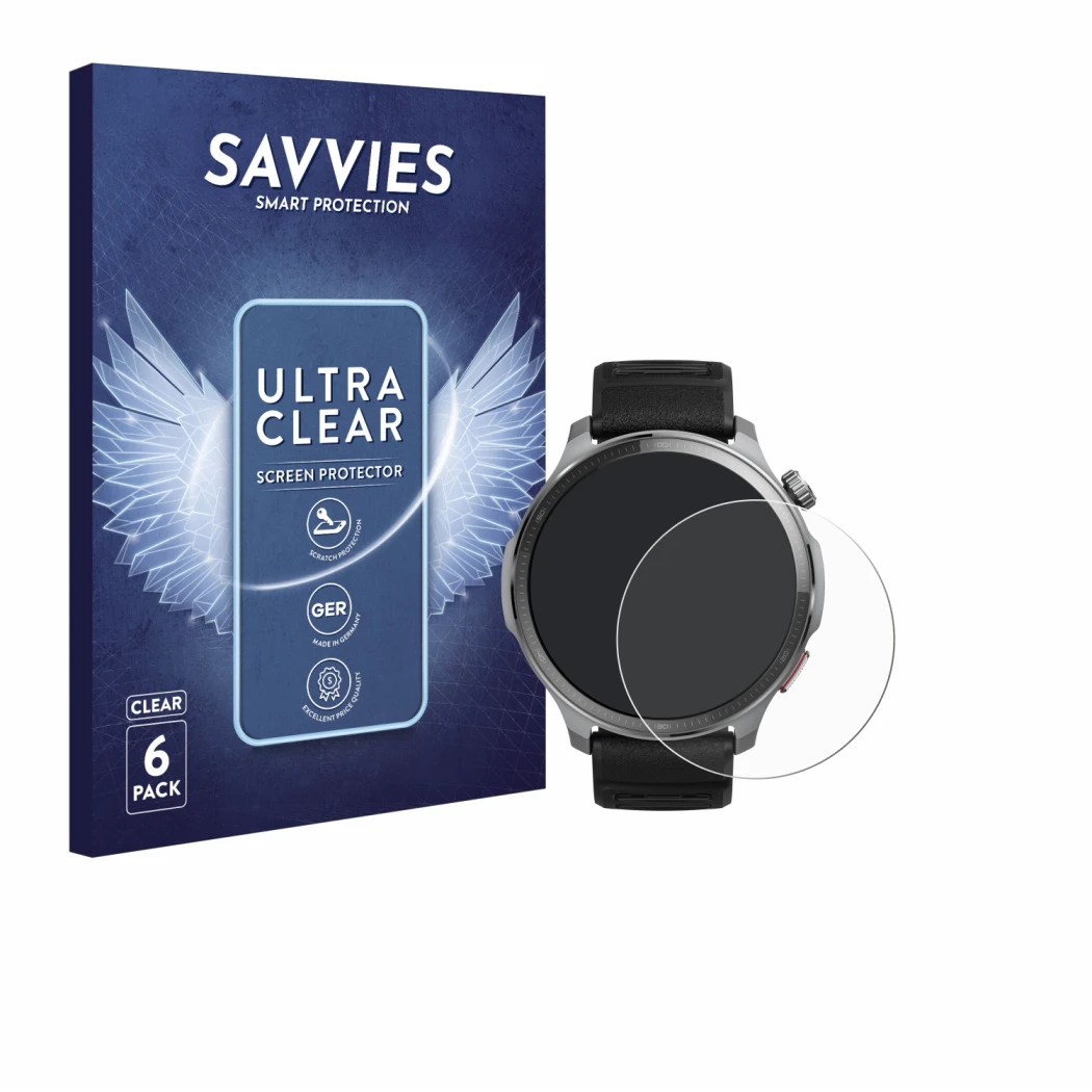 Parte frontal de un envase de producto con el logotipo de la marca Savvies. Al lado se muestra el dispositivo Huami Amazfit Ba